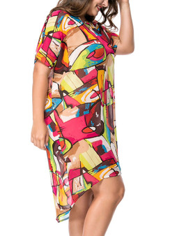 Casual High-Low Round Neck Graffiti Chiffon Plus Size Shift Dress