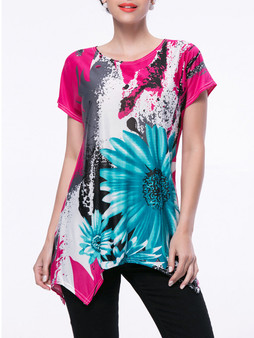 Casual Floral Printed Short Sleeve T-Shirt With Asymmetric Hem