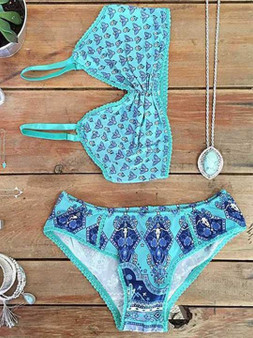 Casual Bohemian Style Lace Floral Print Bikini Set