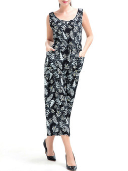 Casual Round Neck Patch Pocket Printed Wide-Leg Jumpsuit