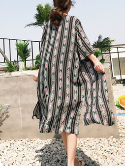 Casual Printed Vertical Striped Longline Side Slit Kimono