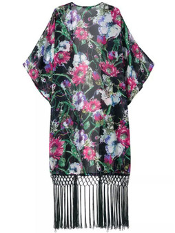 Casual Fringe See-Through Floral Longline Kimono