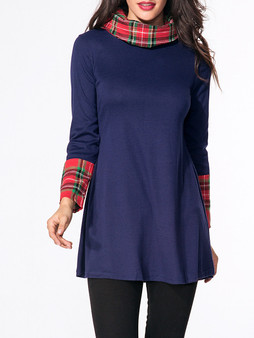 Casual Turtleneck Patchwork Plaid Long-sleeve-t-shirt