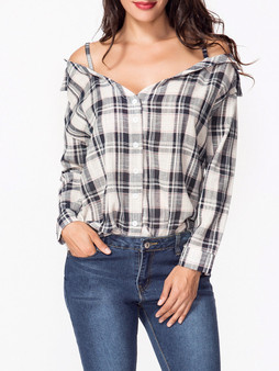 Casual Open Shoulder Single Breasted Plain Blouse