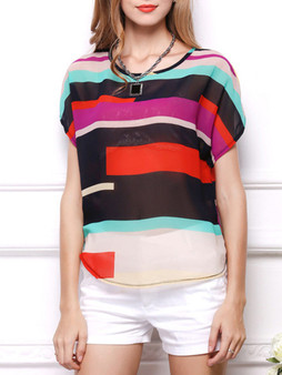 Casual Color Block Hollow Out Striped Round Neck Blouse