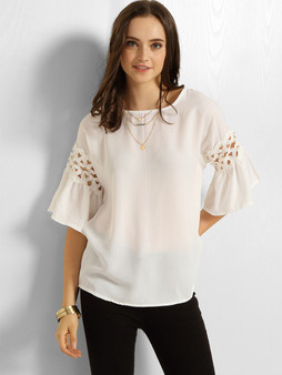Casual Round Neck Bell Sleeve Hollow Out Lace Plain Blouse