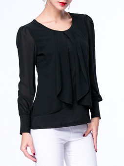 Casual Patchwork Chiffon Hollow Out Plain Round Neck Blouse