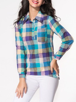 Casual Turn Down Collar Patch Pocket Plaid Blouse
