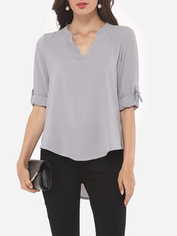 Casual Plain Dip Hem Elegant V Neck Blouse