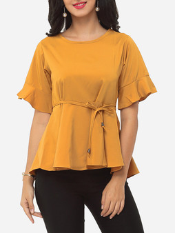 Casual Plain Bowknot Ruffled Hem Mandarin Sleeve Modern Round Neck Blouse