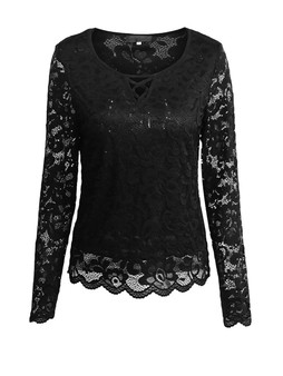 Casual Round Neck Hollow Out Plain Lace Blouse