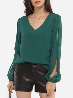 Casual Loose Fitting V Neck Chiffon Hollow Out Plain Blouse