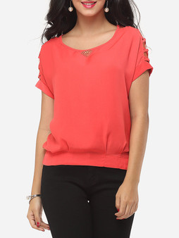 Casual Hollow Out Plain Chic Round Neck Blouse