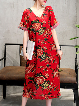 Casual V-Neck Slit Pocket Floral Printed Loose Maxi Dress