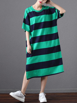 Casual Round Neck Color Block Striped Loose Maxi Dress
