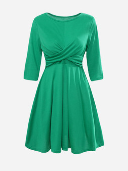 Casual Round Neck Plain Pleated Skater-dress