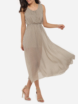 Casual Round Neck Dacron Polka Dot Printed Maxi-dress