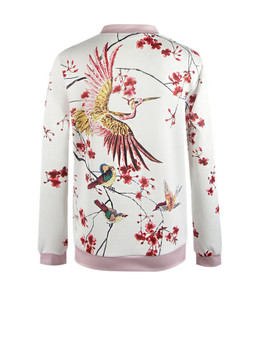 Casual Designed Band Collar Bird Floral Printed Jacket