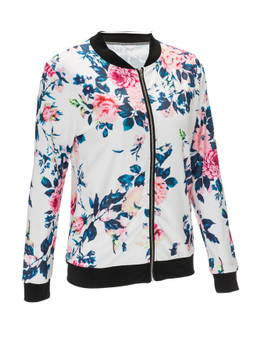 Casual Band Collar Floral Printed Bomber Jacket