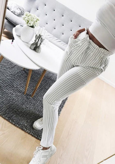 White Striped Belt Pockets Elastic Waist High Waisted Fashion Long Pants