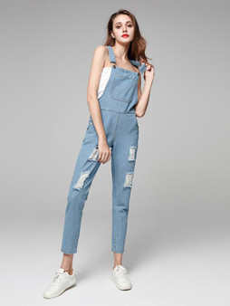 Fashion Light Blue Long Jean Pants Overalls Jumpsuits