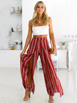 Striped Wide Leg Split Bottom Casual Pants