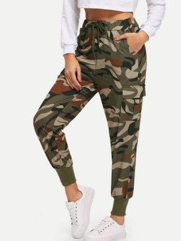 Army Green Camouflage Pockets High Waisted Button Hippie Haren Casual Cargo Long Pants