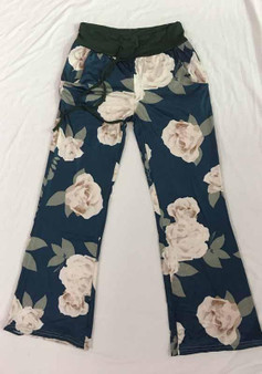 New Blue Floral Pockets Drawstring Waist Casual Long Pants