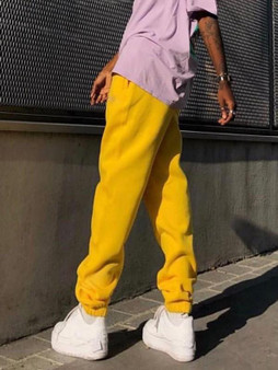 New Yellow Pockets Drawstring Waist High Waisted Mom Boyfriend Casual Cute Long Pants