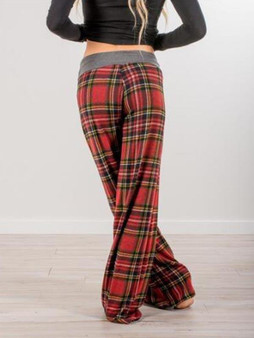 New Red-Black Plaid Draped Drawstring High Waisted Casual Wide Leg Long Pants