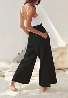 New Black Plain Drawstring Ruffle Mid-rise Casual Pants