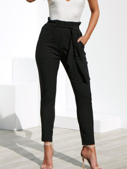 New Black Sashes Pockets High Waisted Casual Nine's Pants