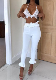 White Irregular Ruffle Elastic Waist Nine's Casual Pants