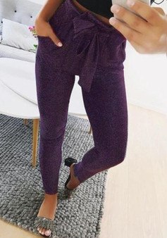 Purple Plain Bow Ruffle Elastic Waist Casual Long Pants