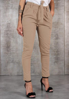 Khaki Plain Pockets Drawstring Waist Fashion Long Pants