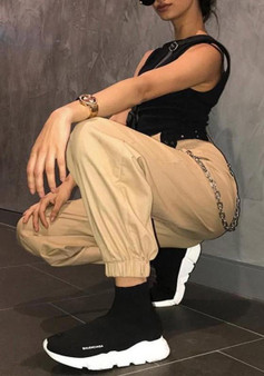 Khaki Chains Pockets Drawstring Zipper High Waisted Going Out Casual Long Pants