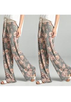 Grey-Pink Flowers Plus Size Drawstring Waist Mid-rise Casual Pants