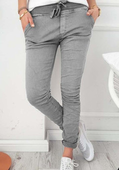 Grey Plain Drawstring Pockets Mid-rise Casual Pants