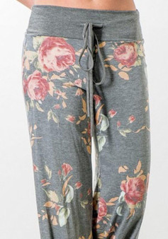 Grey Flowers Drawstring Waist Mid-rise Casual Long Pants