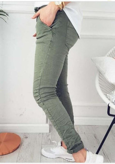 Green Plain Drawstring Pockets Mid-rise Casual Pants
