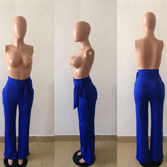 Blue Plain Sashes Pockets Casual Long Pants