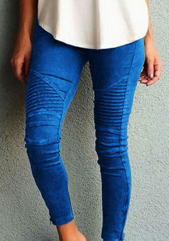 Blue Plain Pockets Elastic Waist Mid-rise Long Pants