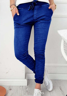 Blue Plain Pockets Drawstring Waist Casual Long Pants