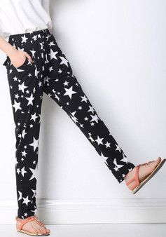 Black Stars Floral Print Pockets Elastic Waist Casual Long Pants