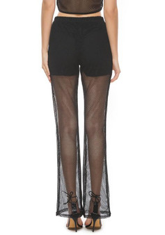 Black Rose Embroidery Fishnet Flare High Waisted Fashion Pants