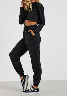 Black Pockets Drawstring Waist Bow High Waisted Long Pants