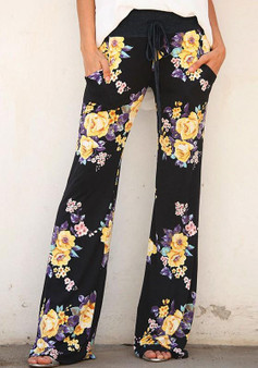Black Floral Print Pockets Drawstring Waist Casual Long Pants