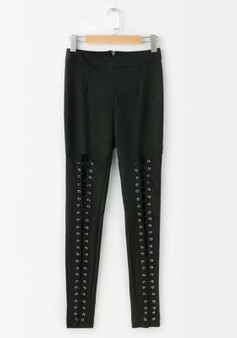 Black Drawstring Zipper High Waisted Fashion Suede Long Pants