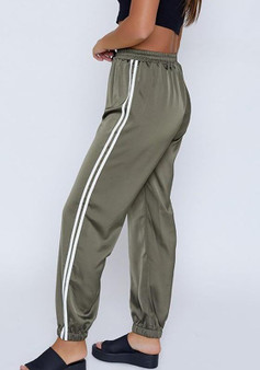Army Green Striped Drawstring High Waisted Going out Casual Long Pants