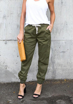 Army Green Plain Pockets Drawstring Waist Casual Long Pants